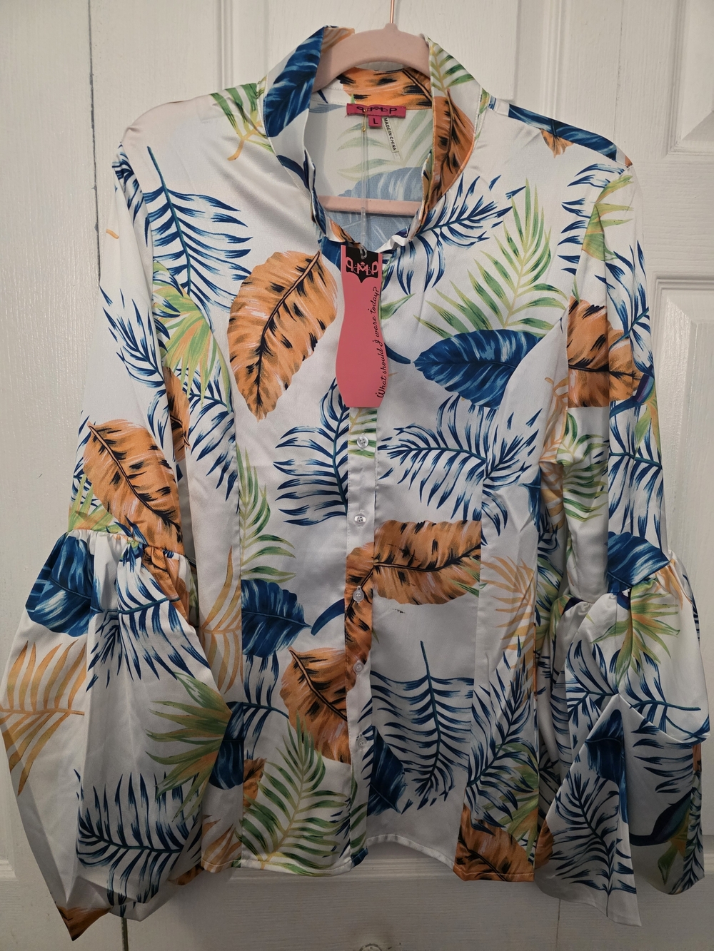 Tropical Leaf Button-Down Shirt - White/Blue/Orange